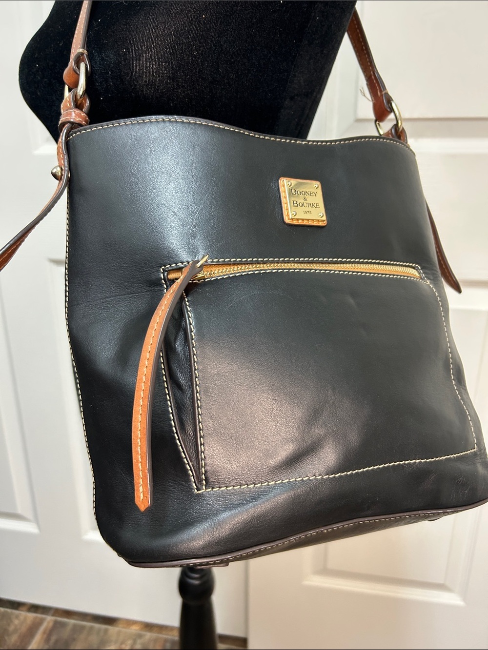 Dooney & Bourke Black Leather Shoulder Bag with Brown Trim